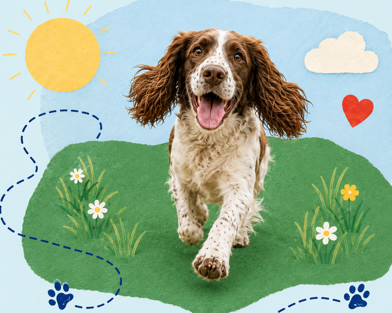 A joyful springer spaniel running through a colourful paper-collage meadow